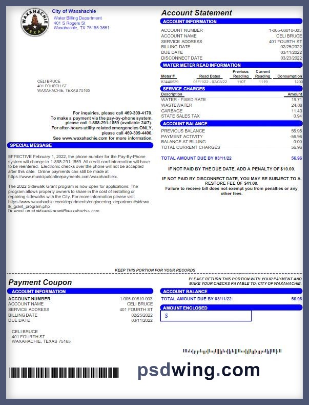 USA City of Waxahachie Utility Bill